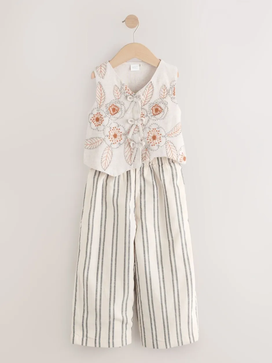Sets En Outfits|Tops*Next Neutraal - Embroidered Waistcoat and Wide Leg Trousers Set (3-16yrs)