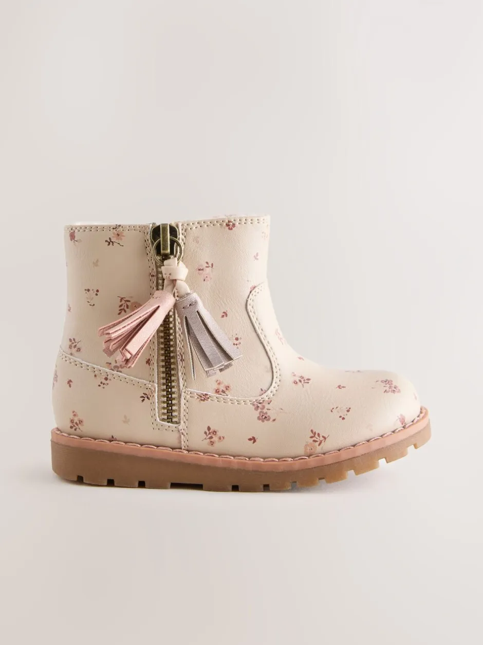 Boots|Next Neutraal gebloemd - Chelsea enkellaarsjes met rits en kwastjes