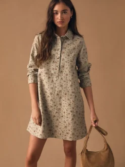 Jurken|Next Neutraal gebloemd - Long Sleeve Cotton Twill Overhead Shirt Dress