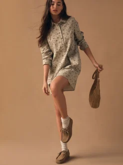Jurken|Next Neutraal gebloemd - Long Sleeve Cotton Twill Overhead Shirt Dress