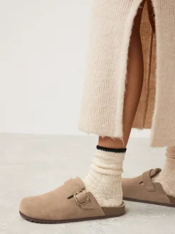 Lage Schoenen|Next Neutraal suède - Klompen met leren voetbed