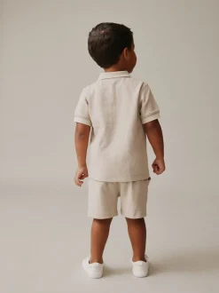 Shorts|Next Neutral Zip Neck - Set van poloshirt met korte mouwen en short (3mnd-7jr)