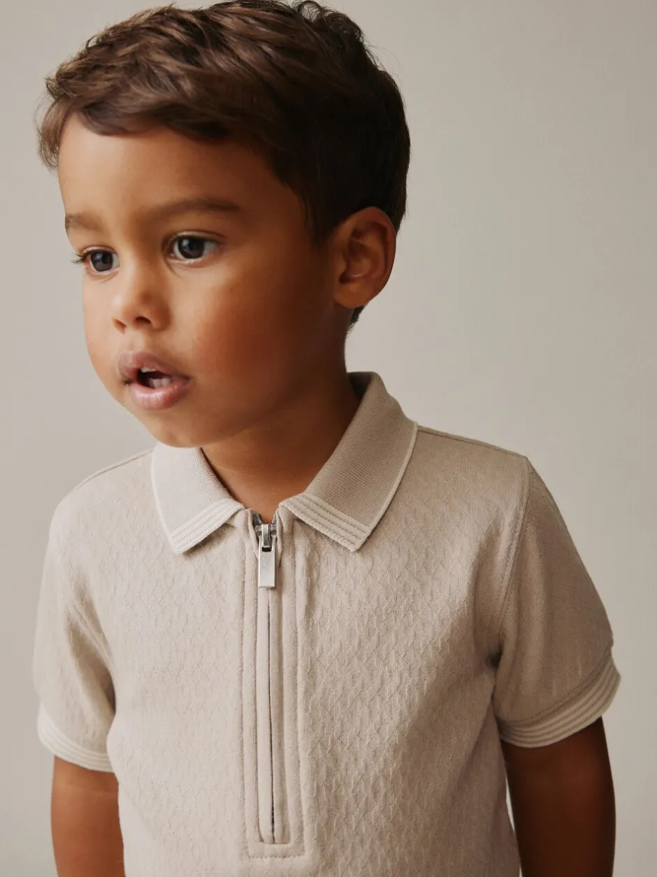 Shorts|Next Neutral Zip Neck - Set van poloshirt met korte mouwen en short (3mnd-7jr)