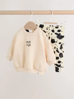 Sets En Combisets|Truien En Breisels|Next Neutral/Cow Milk Club Printed - Sweat and Leggings Baby Set (0mths-2yrs)