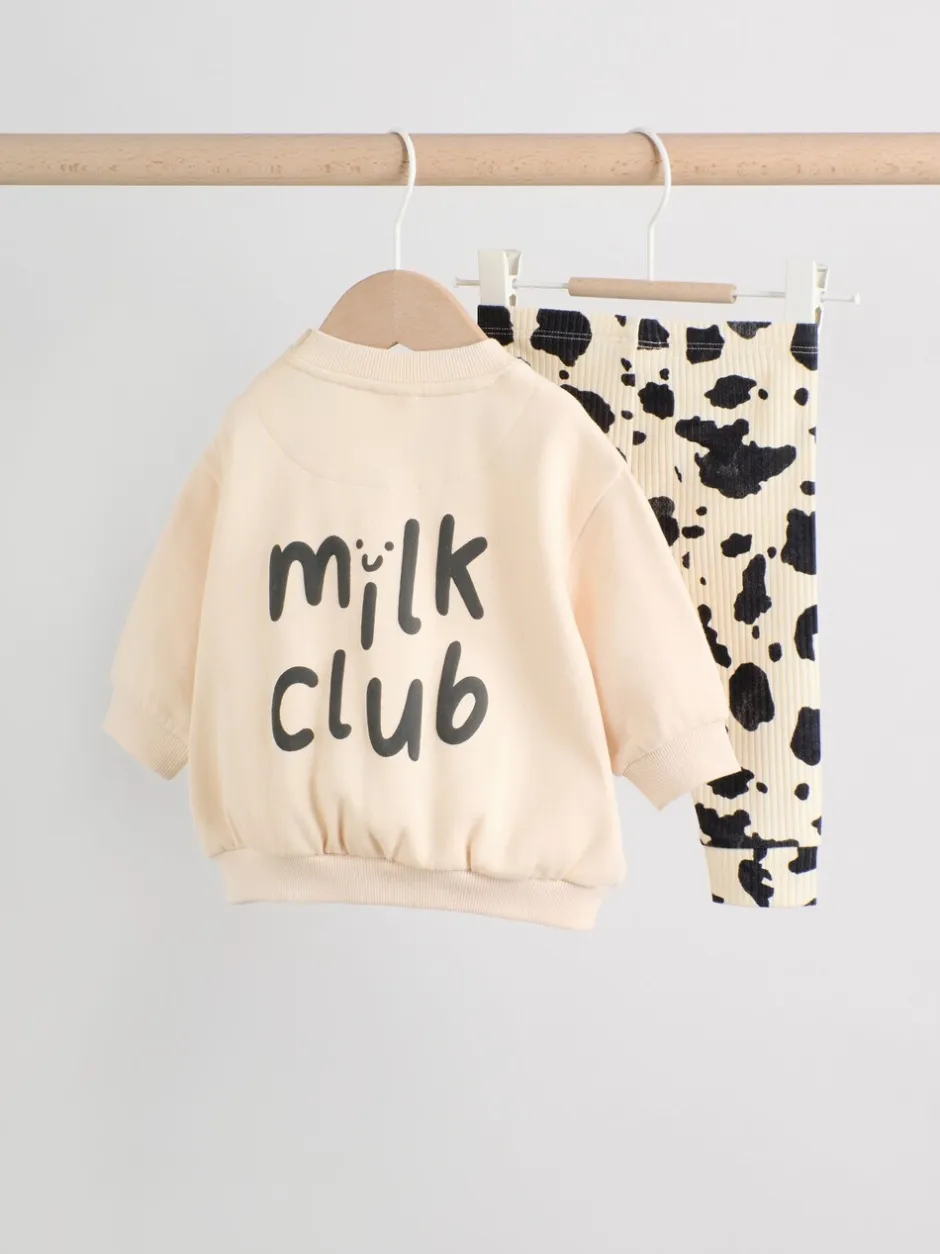 Sets En Combisets|Truien En Breisels|Next Neutral/Cow Milk Club Printed - Sweat and Leggings Baby Set (0mths-2yrs)