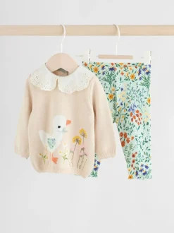 Sets En Combisets|Truien En Breisels*Next Neutrale Eend/Saliegroen met fijne print - 2 -delige babyset met gebreide trui en legging (0mnd-3jr)