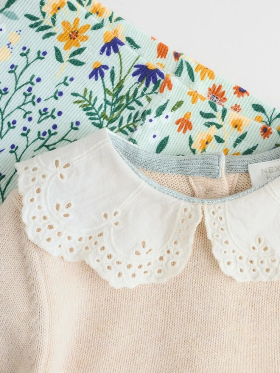 Sets En Combisets|Truien En Breisels*Next Neutrale Eend/Saliegroen met fijne print - 2 -delige babyset met gebreide trui en legging (0mnd-3jr)