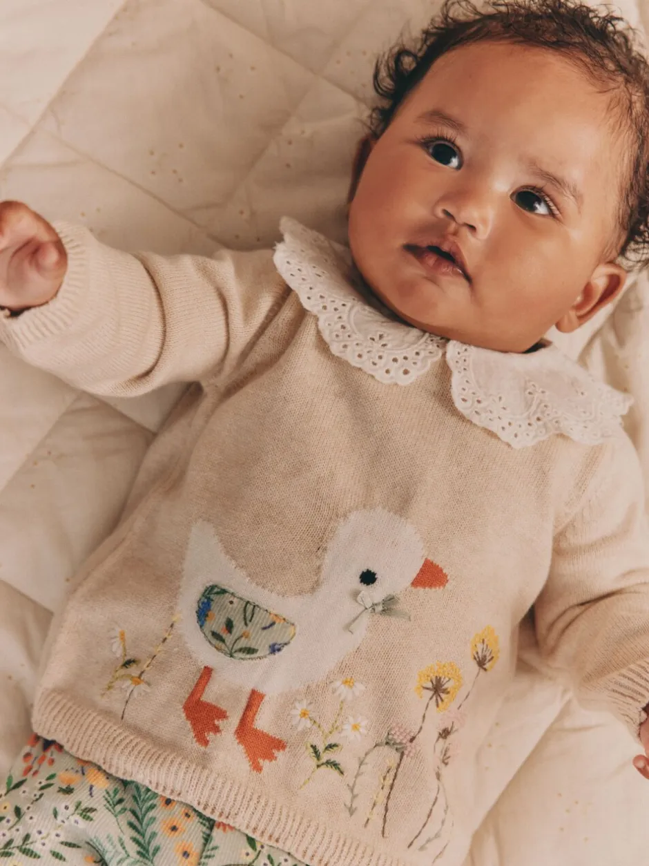 Sets En Combisets|Truien En Breisels*Next Neutrale Eend/Saliegroen met fijne print - 2 -delige babyset met gebreide trui en legging (0mnd-3jr)