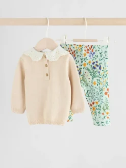Sets En Combisets|Truien En Breisels*Next Neutrale Eend/Saliegroen met fijne print - 2 -delige babyset met gebreide trui en legging (0mnd-3jr)