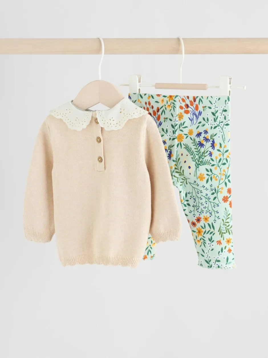 Sets En Combisets|Truien En Breisels*Next Neutrale Eend/Saliegroen met fijne print - 2 -delige babyset met gebreide trui en legging (0mnd-3jr)