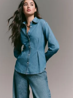Blouses En Overhemden|Tops En T-Shirts*Next - Cinch Waist Fitted Long Sleeve Denim Shirt Normaal blauw