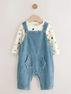 Rompertjes En Tuinbroeken|Sets En Outfits*Next Normaal blauw - Corduroy bretelbroeken en Bodysuit set (0mnd-2jr)