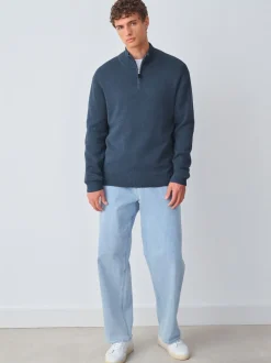 Gebreide Kleding|Next Normaal blauw - Effen - Regular fit 100% katoenen premium trui met korte rits