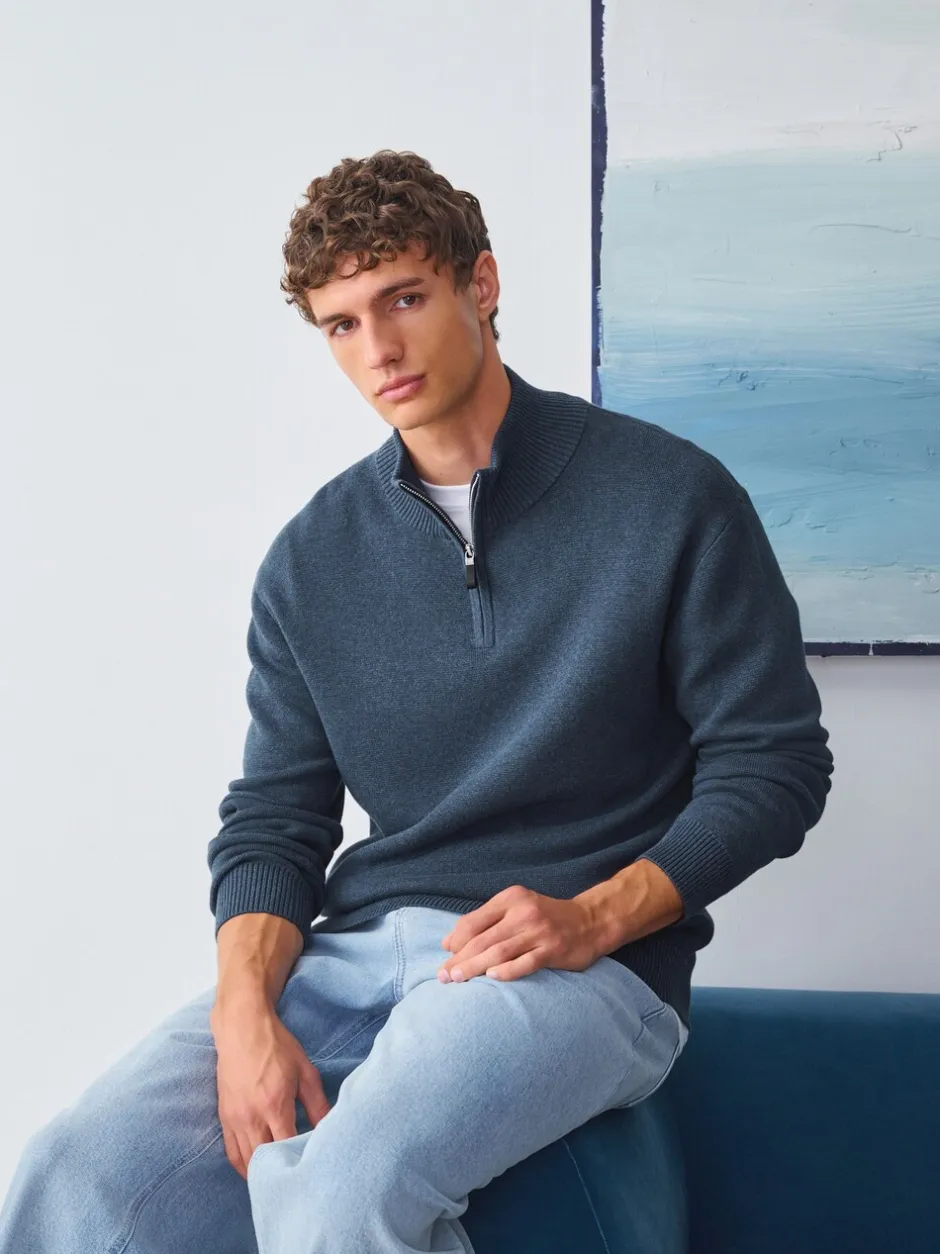 Gebreide Kleding|Next Normaal blauw - Effen - Regular fit 100% katoenen premium trui met korte rits