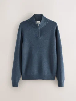 Gebreide Kleding|Next Normaal blauw - Effen - Regular fit 100% katoenen premium trui met korte rits