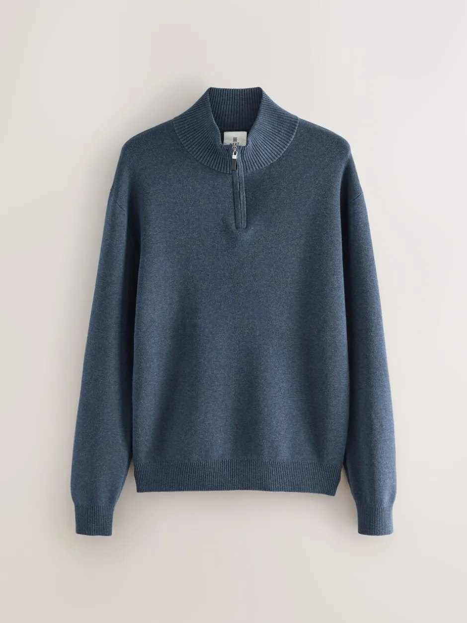 Gebreide Kleding|Next Normaal blauw - Effen - Regular fit 100% katoenen premium trui met korte rits