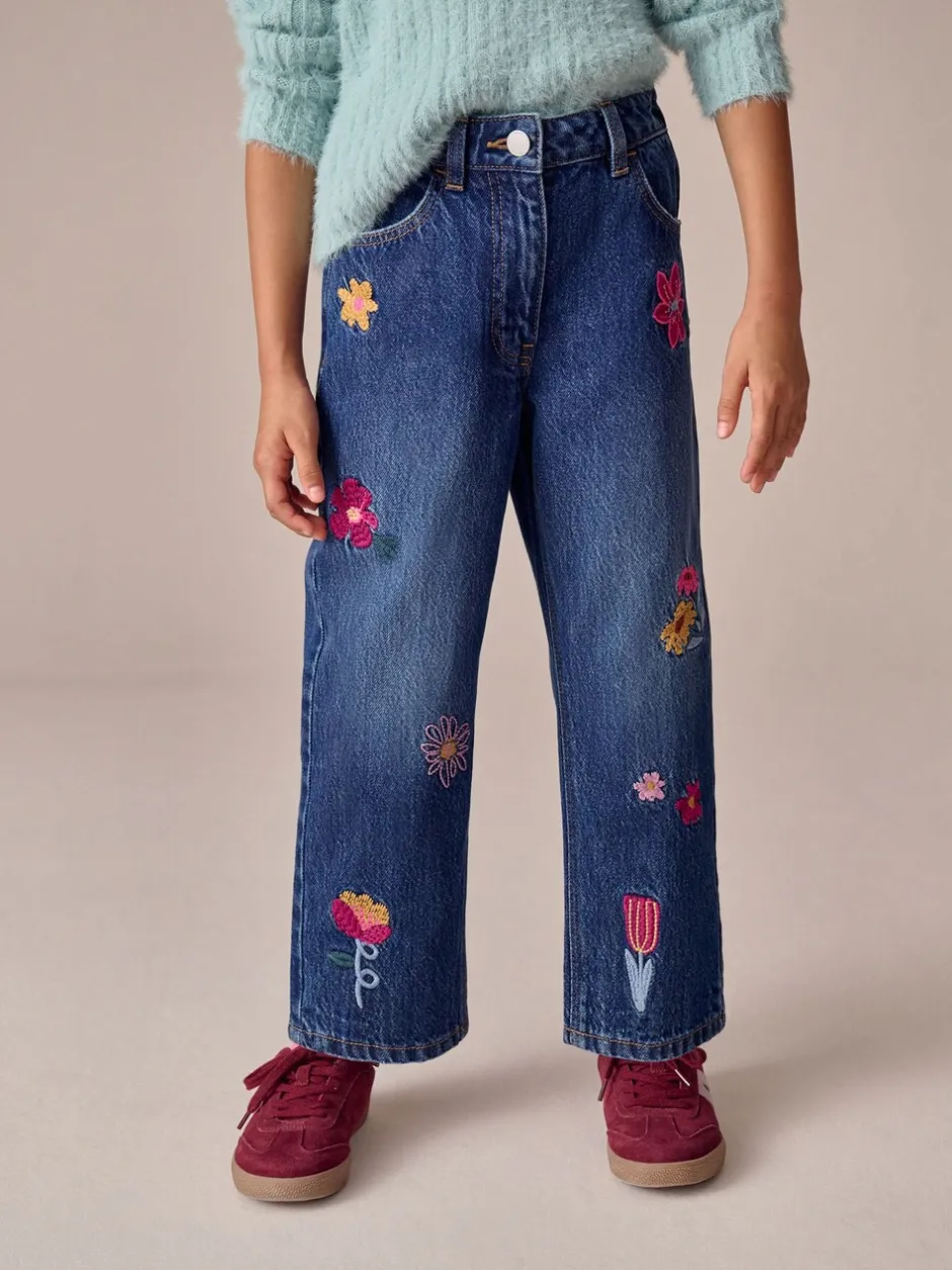 Jeans*Next Normaal blauw - Jeans met rechte pijpen en bloemenborduursel (3-16jr)