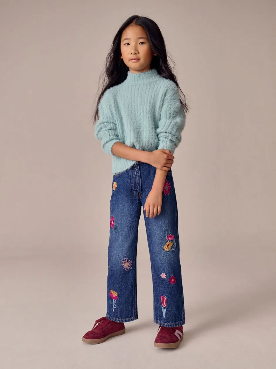 Jeans*Next Normaal blauw - Jeans met rechte pijpen en bloemenborduursel (3-16jr)