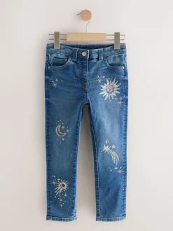 Jeans*Next Normaal blauw - Jeans met rechte pijpen en bloemenborduursel (3-16jr)