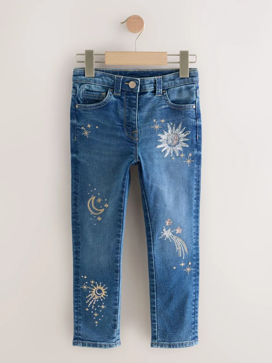 Jeans*Next Normaal blauw - Jeans met rechte pijpen en bloemenborduursel (3-16jr)