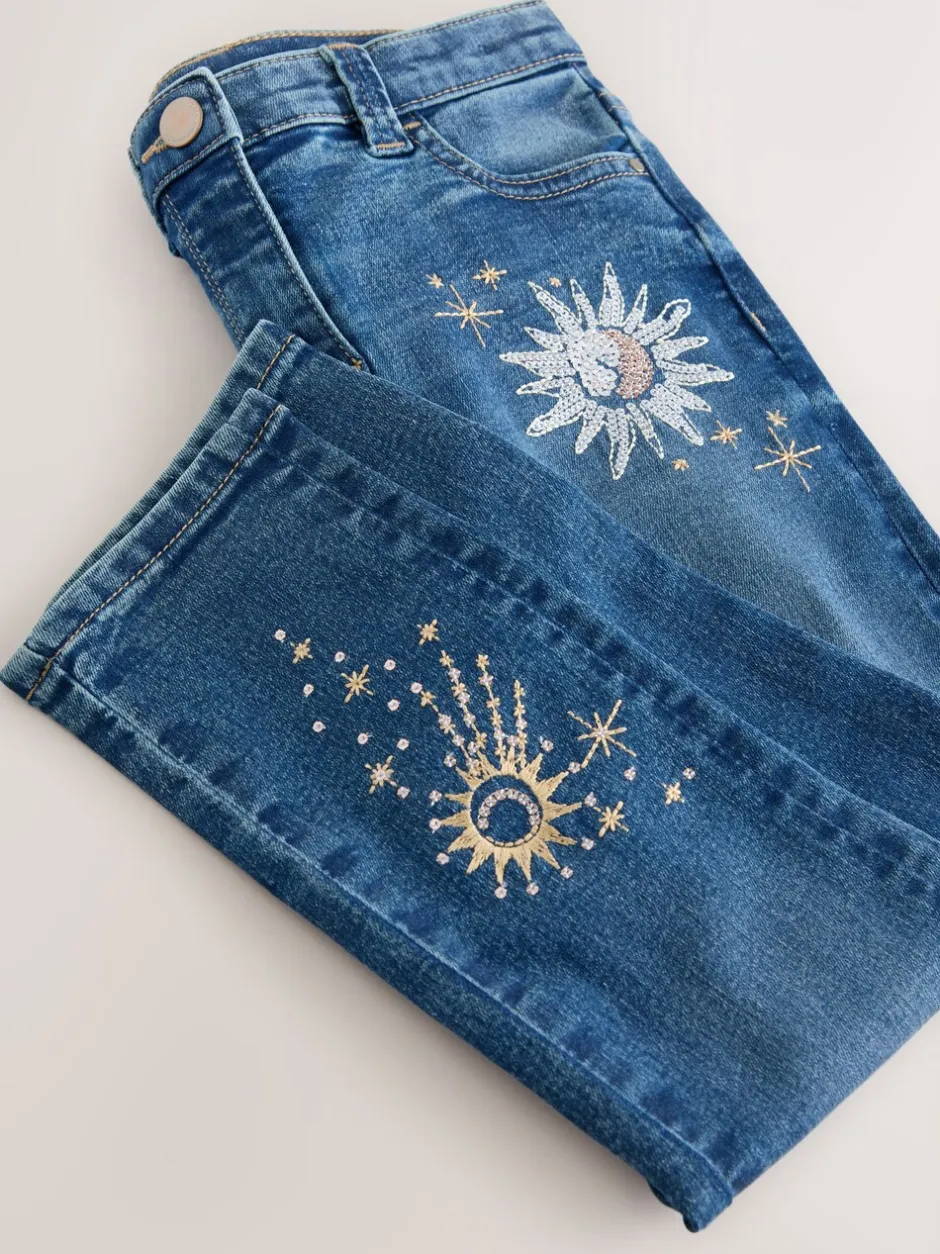 Jeans*Next Normaal blauw - Jeans met rechte pijpen en bloemenborduursel (3-16jr)