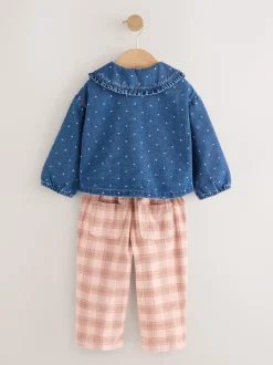 Tops*Next Normaal blauw - Set van denim overhemd en geruite broek (3mnd-7jr)