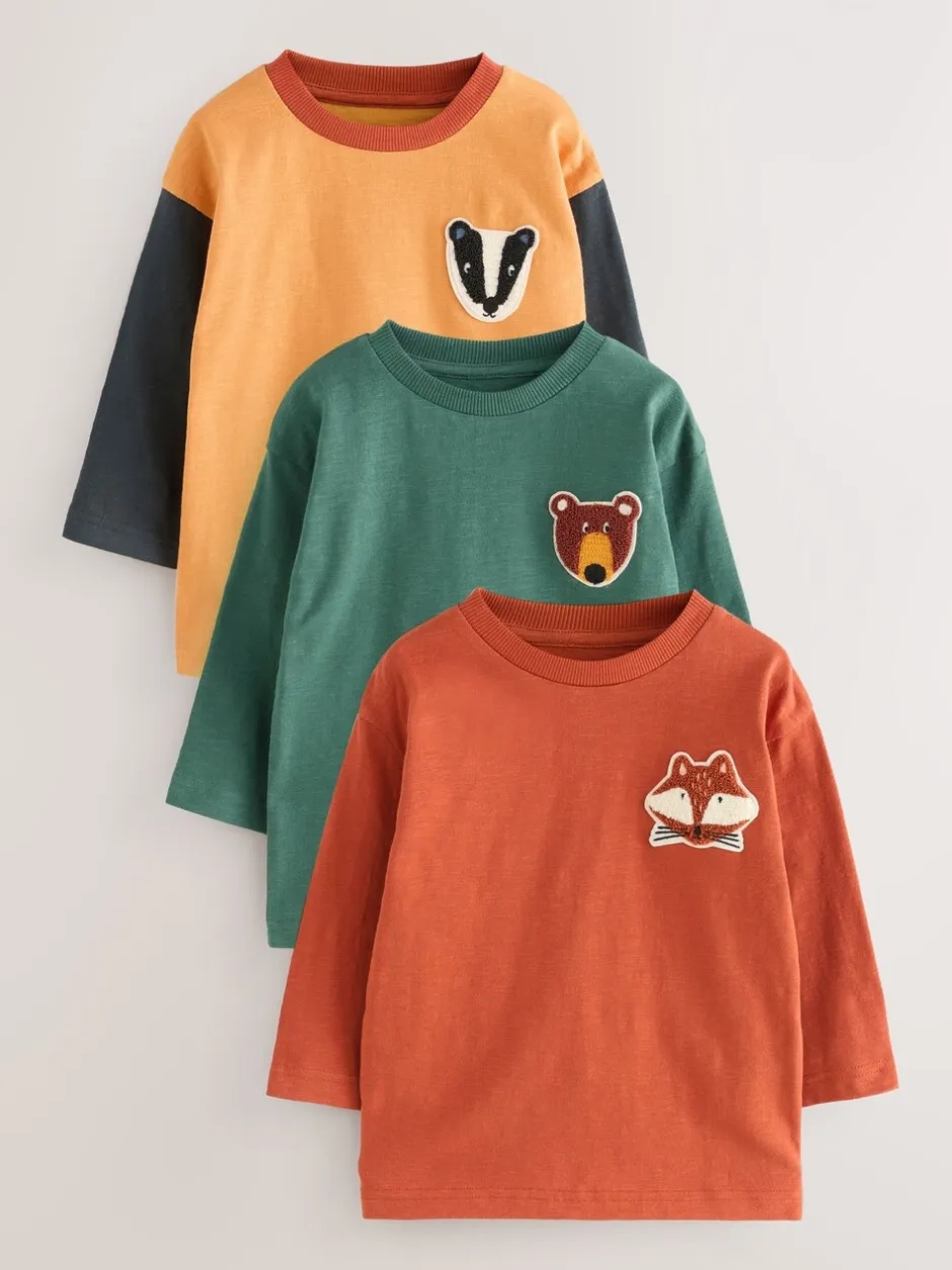 Tops|T-Shirts*Next - Set van 3 T-shirts met lange mouwen en applicatie (3mnd-7jr) Ochre Yellow Woodland