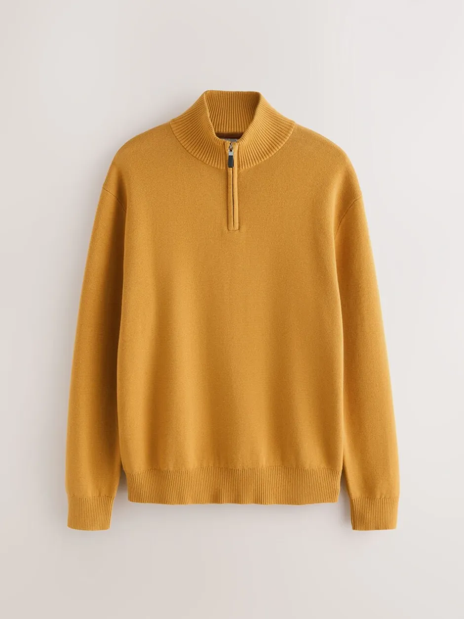 Gebreide Kleding|Next Okergeel - Effen - Regular fit 100% katoenen premium trui met korte rits