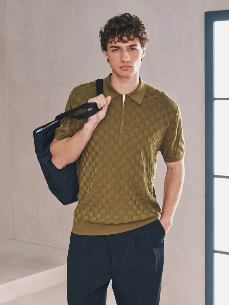 Gebreide Kleding|Next - Regular Fit N.Premium Checkerboard Knitted Short Sleeve Zip Neck Polo Shirt Olijfgroen