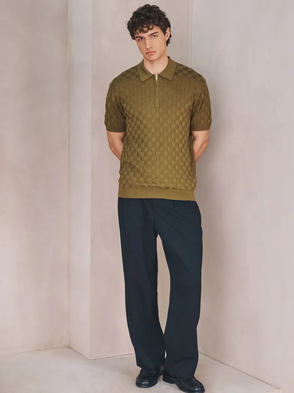 Gebreide Kleding|Next - Regular Fit N.Premium Checkerboard Knitted Short Sleeve Zip Neck Polo Shirt Olijfgroen