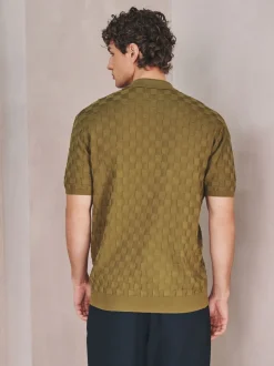 Gebreide Kleding|Next - Regular Fit N.Premium Checkerboard Knitted Short Sleeve Zip Neck Polo Shirt Olijfgroen