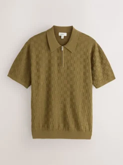 Gebreide Kleding|Next - Regular Fit N.Premium Checkerboard Knitted Short Sleeve Zip Neck Polo Shirt Olijfgroen