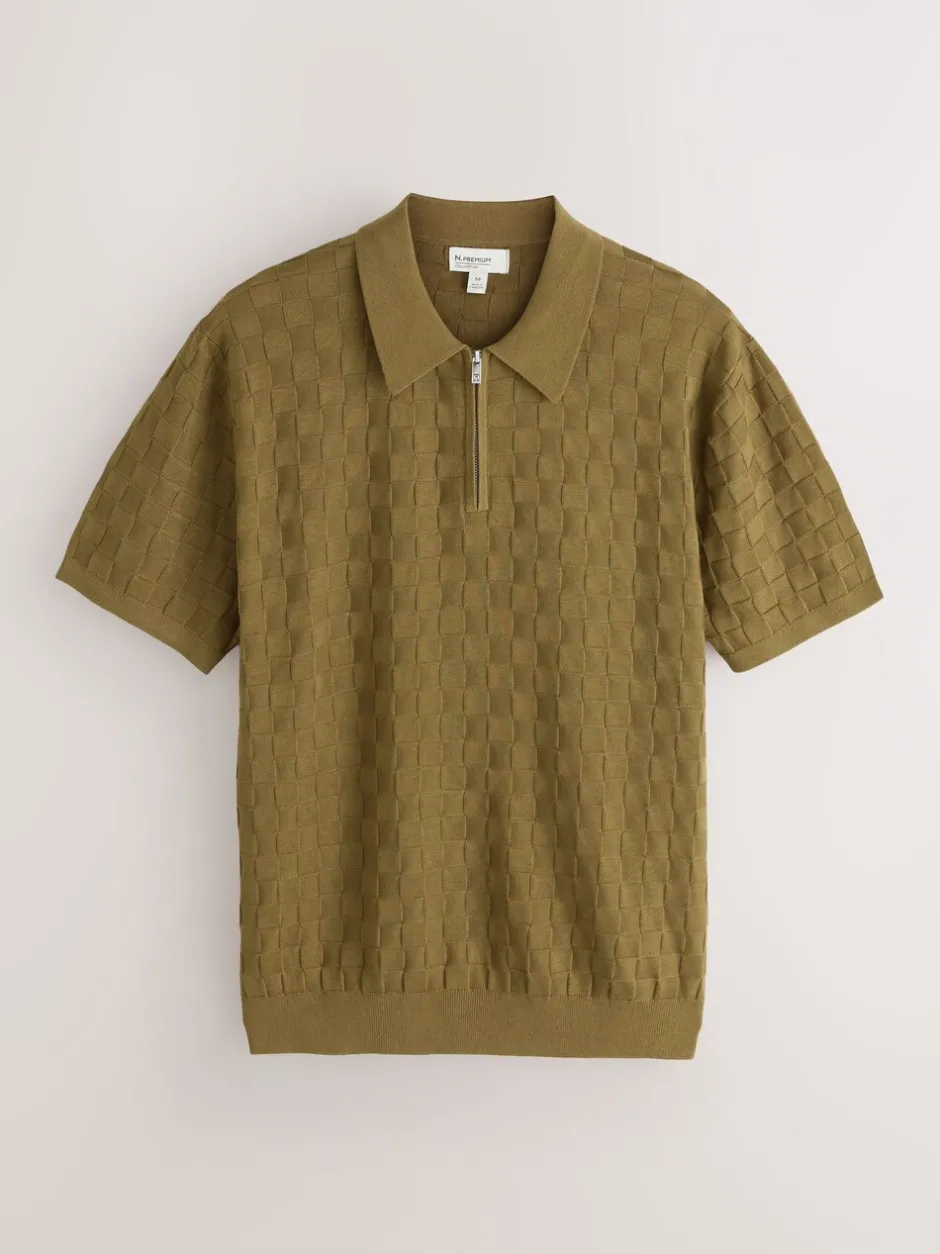 Gebreide Kleding|Next - Regular Fit N.Premium Checkerboard Knitted Short Sleeve Zip Neck Polo Shirt Olijfgroen