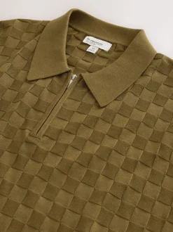 Gebreide Kleding|Next - Regular Fit N.Premium Checkerboard Knitted Short Sleeve Zip Neck Polo Shirt Olijfgroen