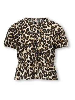 Overhemden En Blouses*ONLY KIDS Leopard Print Puff Sleeve Bow Black Blouse