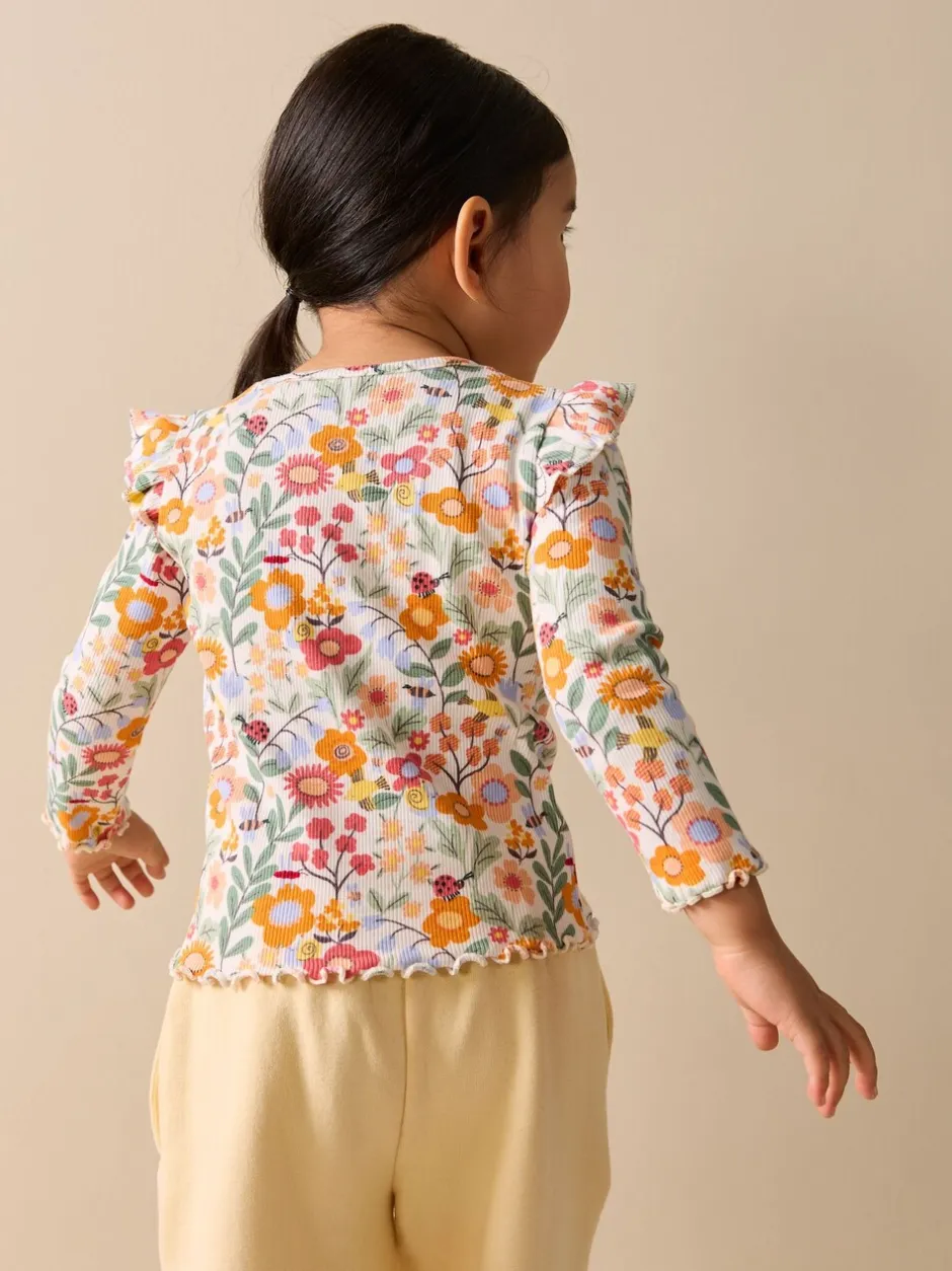Tops|T-Shirts*Next - Long Sleeve Ribbed Frill Top (3mths-7yrs) Oranje fijn gebloemd