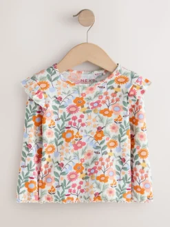 Tops|T-Shirts*Next - Long Sleeve Ribbed Frill Top (3mths-7yrs) Oranje fijn gebloemd