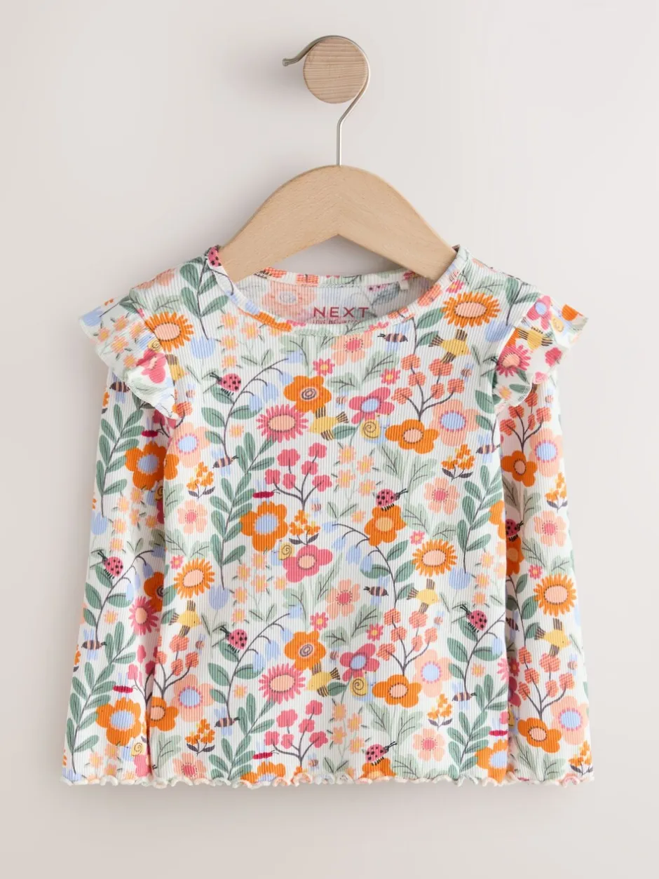 Tops|T-Shirts*Next - Long Sleeve Ribbed Frill Top (3mths-7yrs) Oranje fijn gebloemd