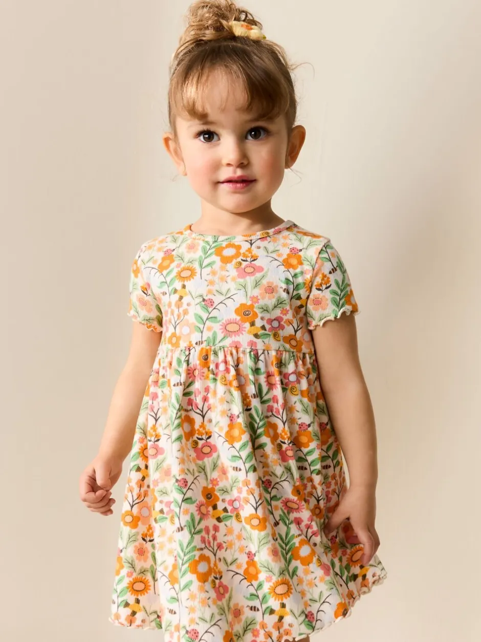 Jurken|Next - Short Sleeve Ribbed Dress (3mths-7yrs) Oranje met bloemen