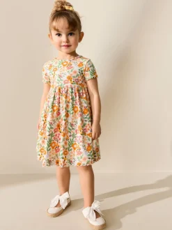 Jurken|Next - Short Sleeve Ribbed Dress (3mths-7yrs) Oranje met bloemen