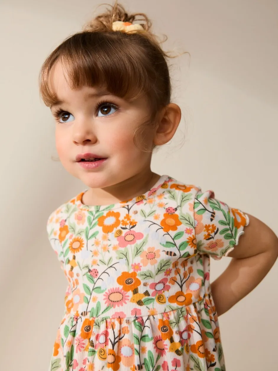 Jurken|Next - Short Sleeve Ribbed Dress (3mths-7yrs) Oranje met bloemen