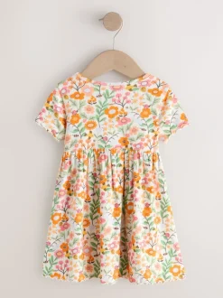 Jurken|Next - Short Sleeve Ribbed Dress (3mths-7yrs) Oranje met bloemen