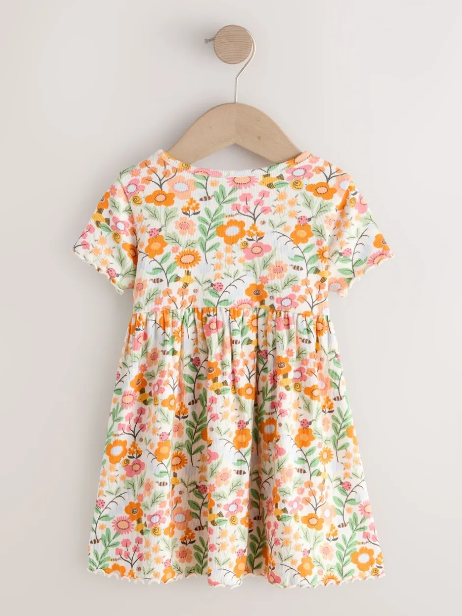 Jurken|Next - Short Sleeve Ribbed Dress (3mths-7yrs) Oranje met bloemen