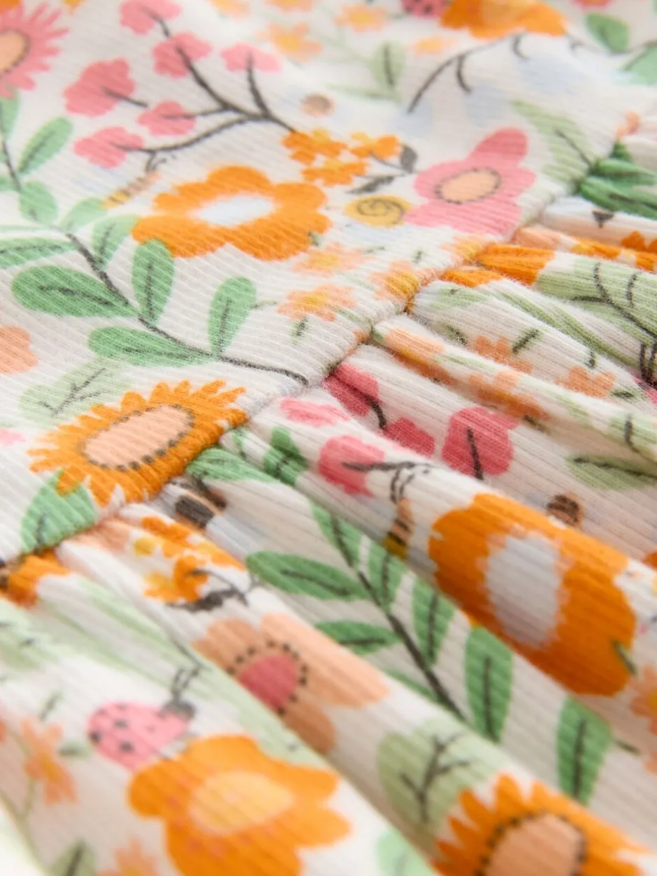 Jurken|Next - Short Sleeve Ribbed Dress (3mths-7yrs) Oranje met bloemen