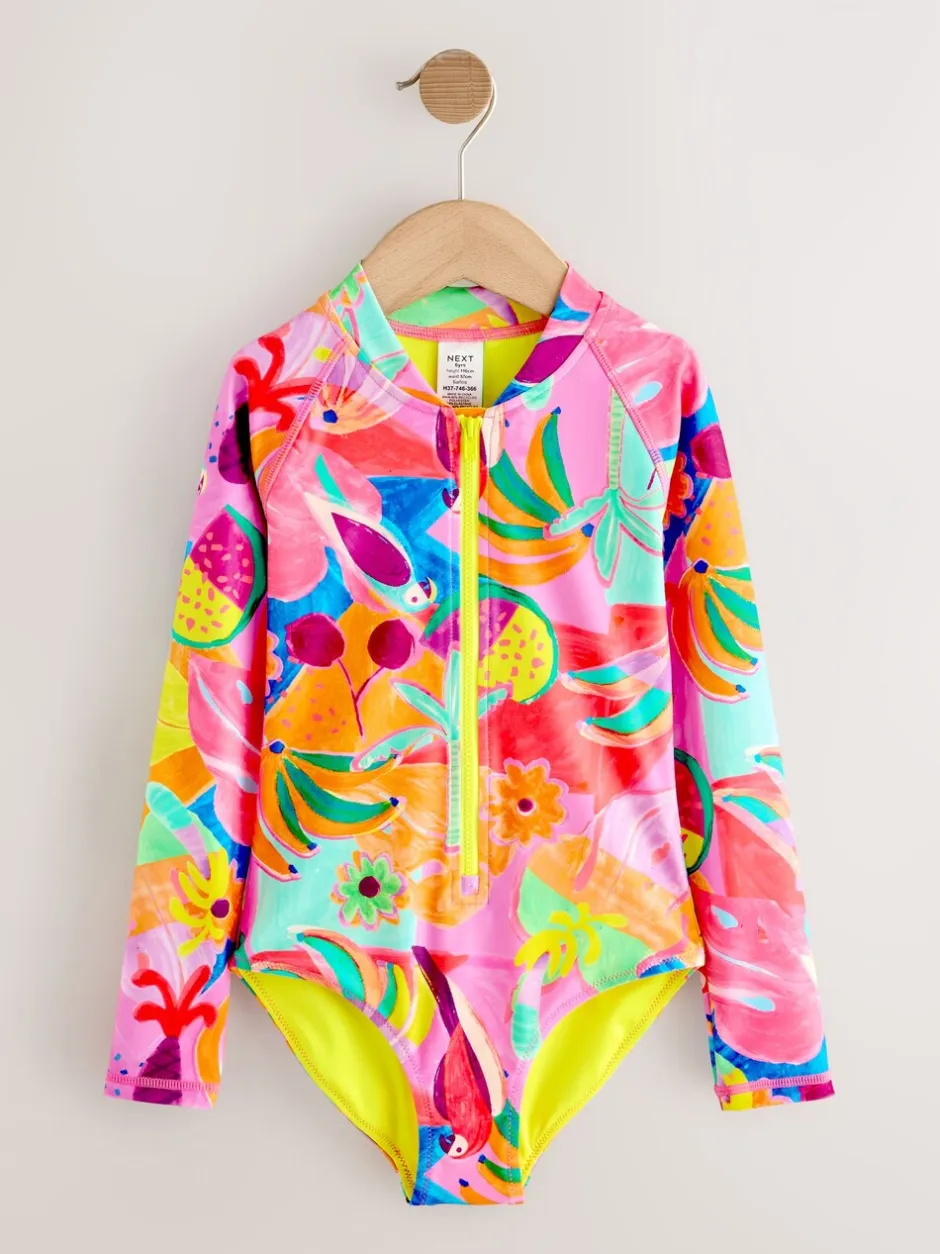 Badkleding|Next Oranje tropisch - Long Sleeve Sunsafe Swimsuit (3mths-16yrs)