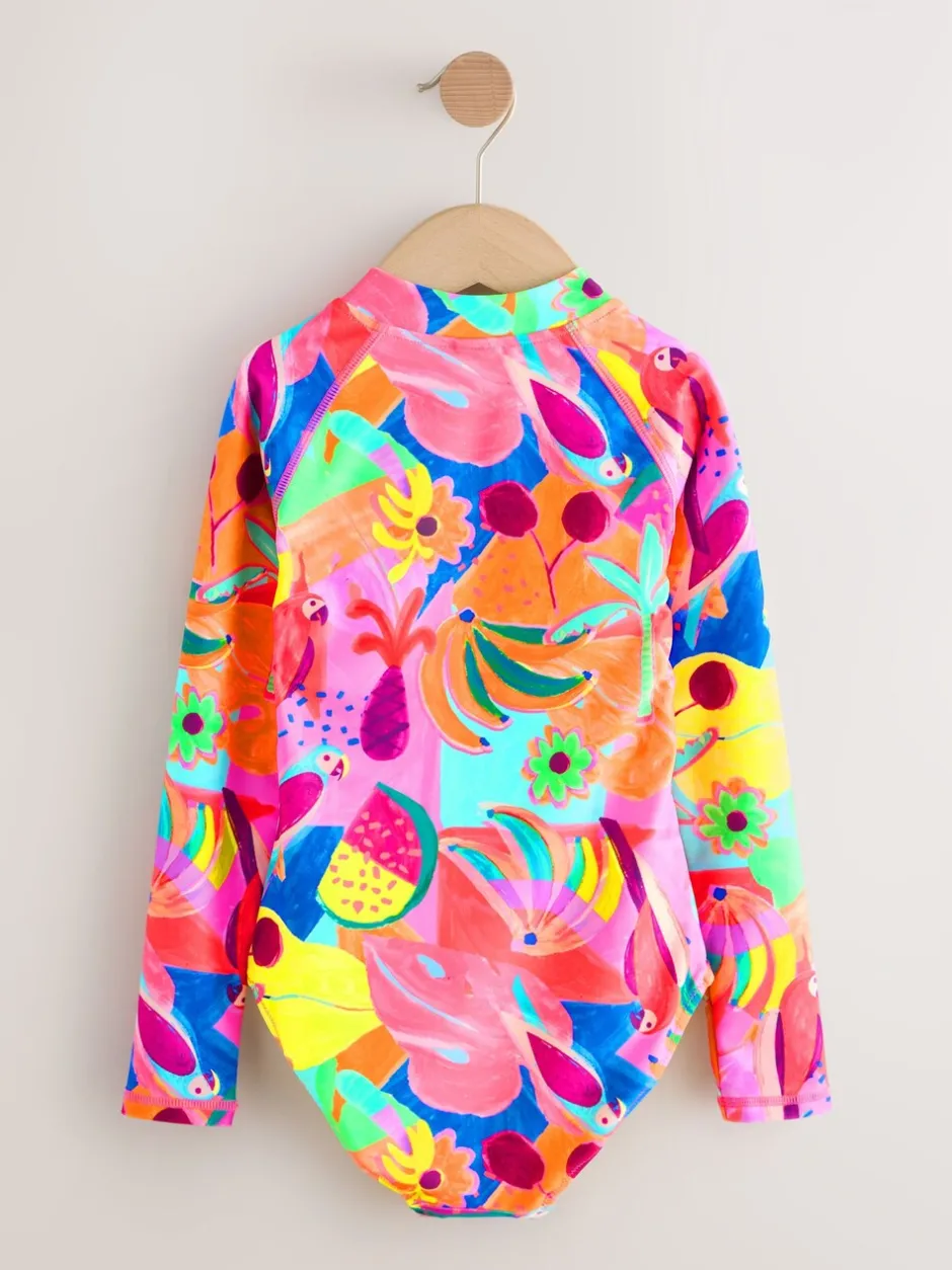 Badkleding|Next Oranje tropisch - Long Sleeve Sunsafe Swimsuit (3mths-16yrs)