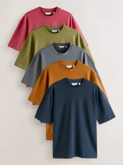 T-Shirts En Hemden*Next - Set van 5 ruimvallende dikke T-shirts Oranje/Grijs/Groen/Marineblauw/Rood