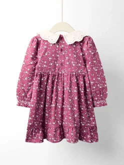 Gelegenheidskleding*Jojo Maman Bébé - Smocked Jersey Dress with Broderie Collar Oudroze met bloemenprint