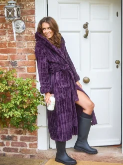 Badjassen*Loungeable - Plush Ridged Fleece Midi Hooded Dressing Gown Paars