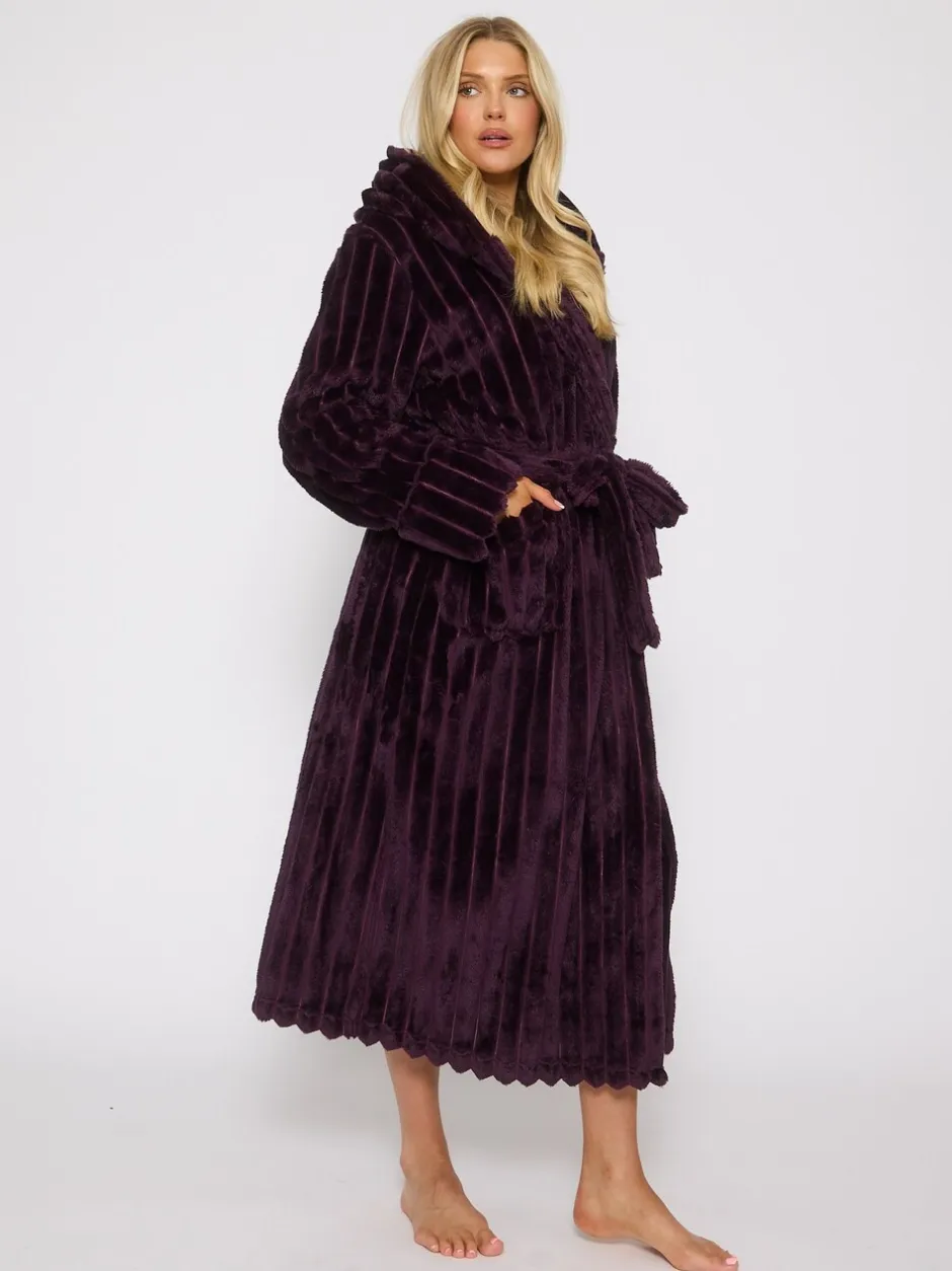Badjassen*Loungeable - Plush Ridged Fleece Midi Hooded Dressing Gown Paars